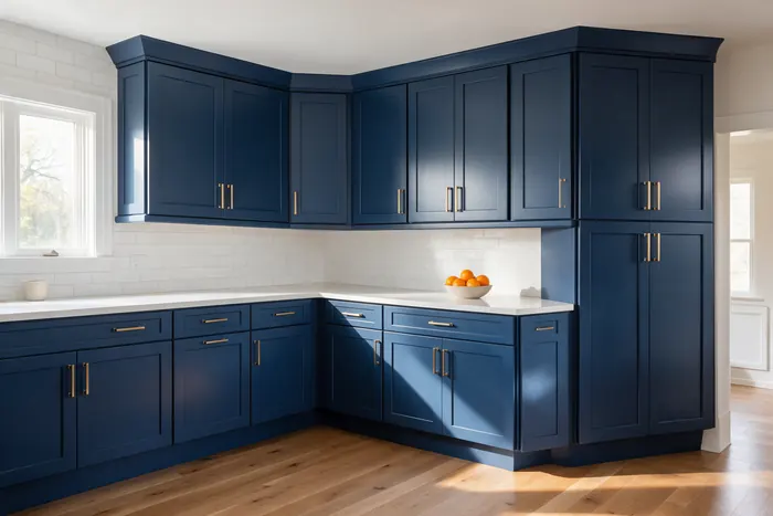 Kitchen with navy blue shaker cabinets and brass handles