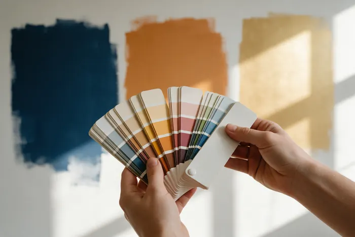 Hands holding a paint fan deck in front of navy, orange and gold wall samples