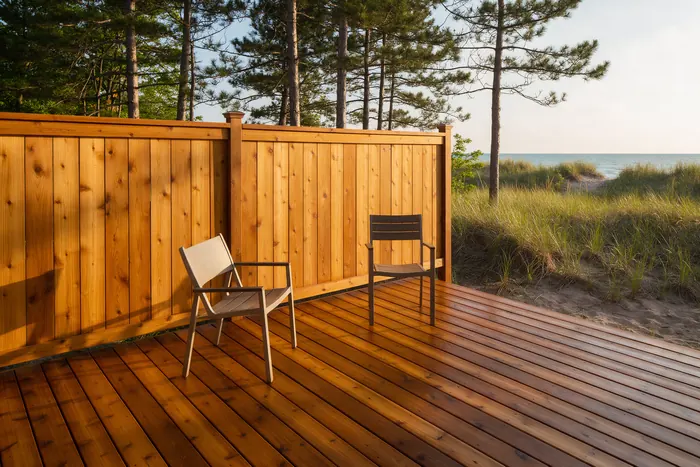 Freshly stained cedar deck and fence beside dune grass