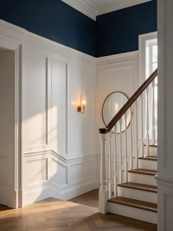 Entry with white panelled wainscoting, navy walls and a brass sconce