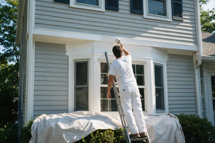 Painter on a ladder brushing white trim on a home exterior