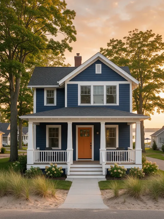 Navy blue lakeshore home with crisp white trim and an orange front door at sunset