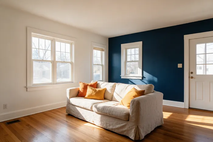 Living room with fresh warm white walls and a navy accent wall