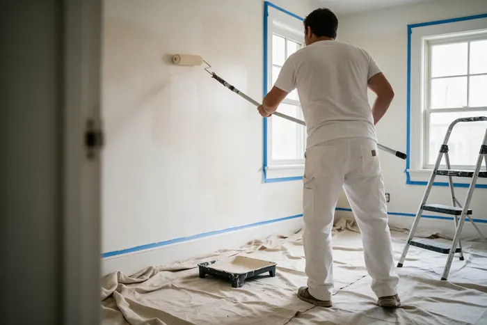 Painter rolling a wall in a room protected with drop cloths and taped trim